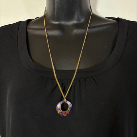 Gold Tone Floral Butterfly Pendant Necklace Enamel Vintage Retro 80s 24" - Picture 2 of 8